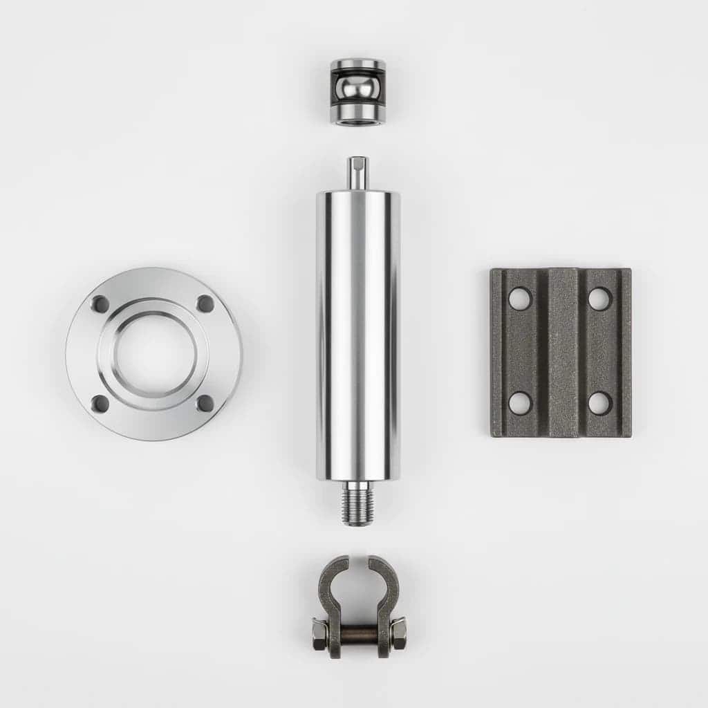 نمای بازشده قطعات نصب سیلندر شامل فلنج، اتصال چشمی و بلبرینگ شفت