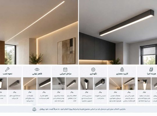 پروفیل لاین نوری توکار یا روکار؟ بررسی تفاوتها و کاربرد هرکدام در معماری داخلی