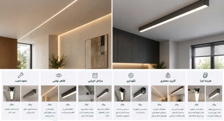 پروفیل لاین نوری توکار یا روکار؟ بررسی تفاوتها و کاربرد هرکدام در معماری داخلی